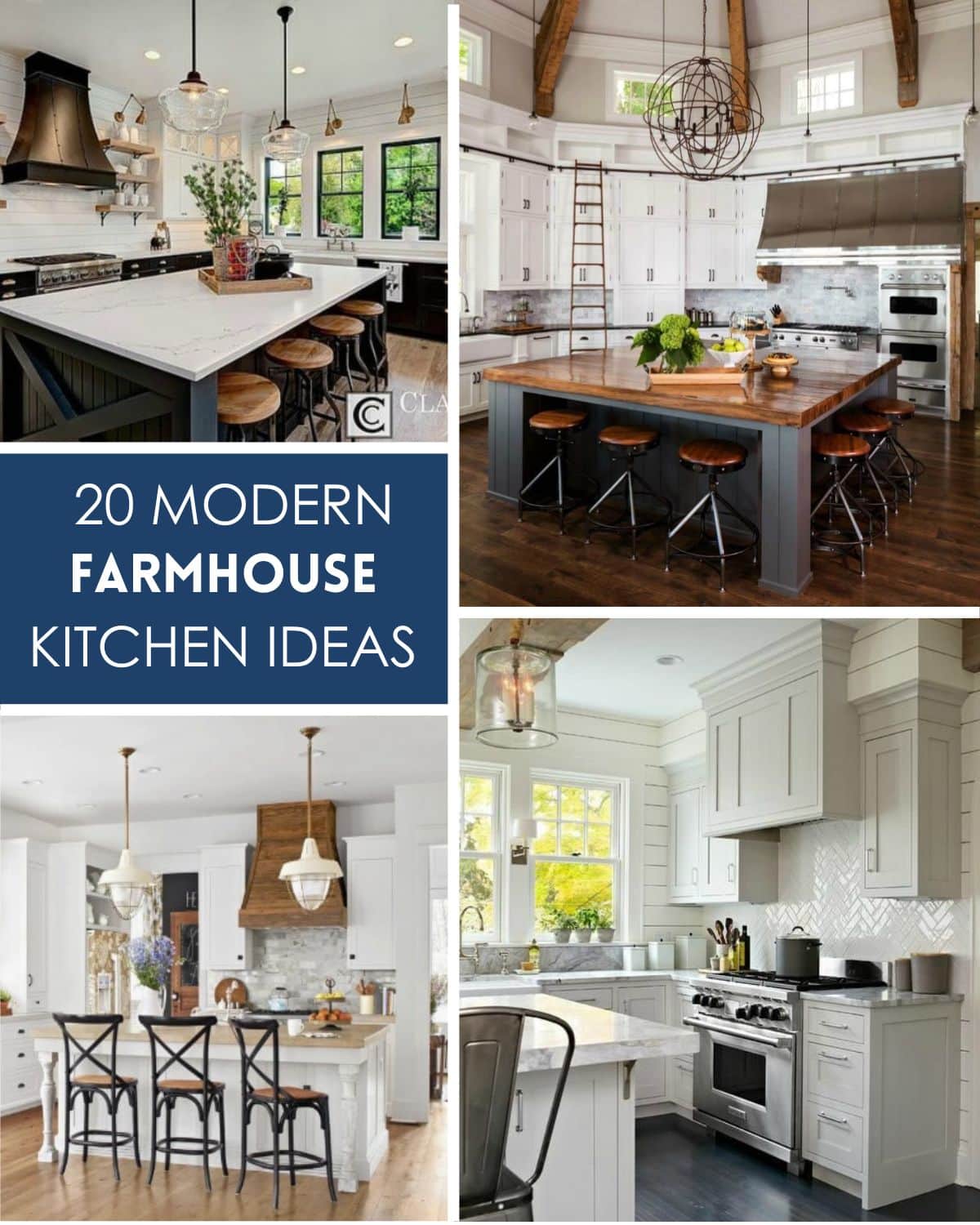 A collection of farmhouse kitchen ideas that shows rustic elements like beams, industrial lighting, wood barstools, and two toned cabinetry