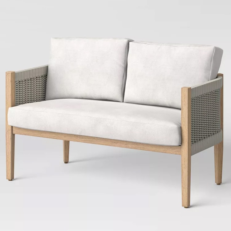 This gray and wood patio loveseat is perfect to add to your outdoor decor this season! #ABlissfulNest