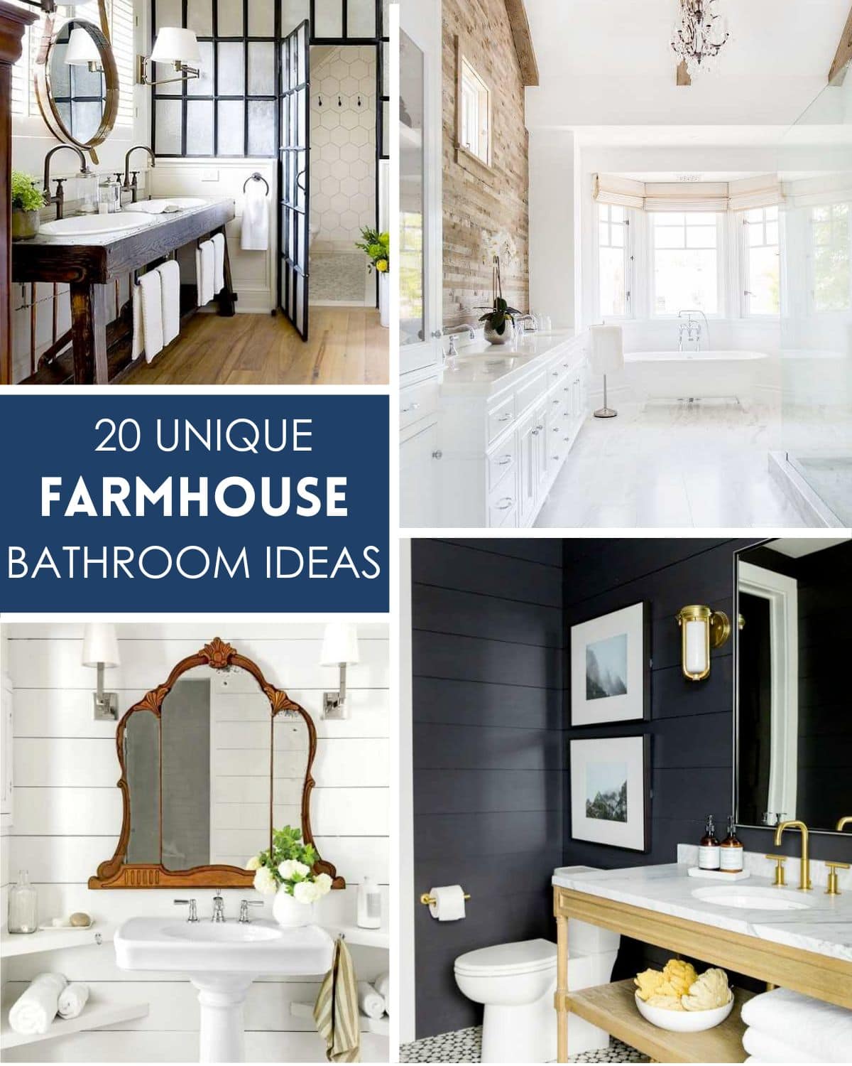 A variety of farmhouse bathroom ideas with shiplap, vintage mirror, black grid style shower glass, and farmhouse lighting.