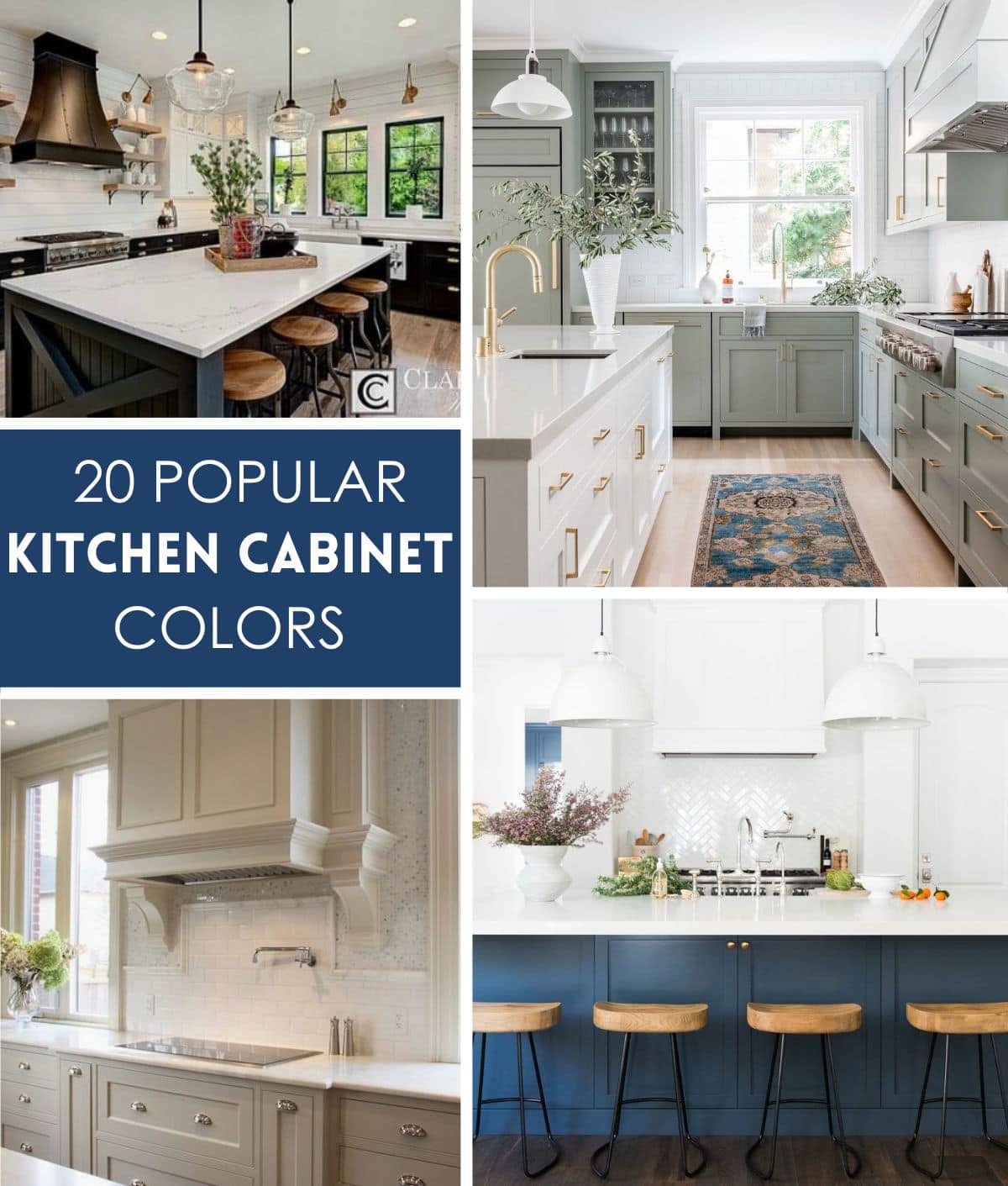 Four images of different kitchen cabinet colors including black, sage green, beige, and navy paint colors.