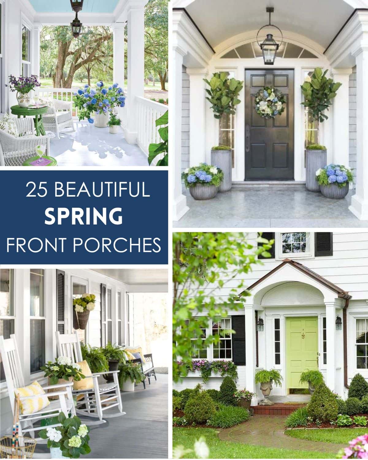 A variety of spring front porches with lots of color, plants, flowers, and cozy chairs. 