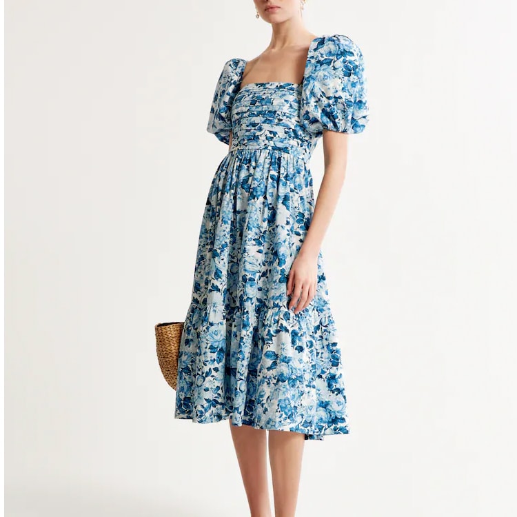 This blue floral puff sleeve midi dress is perfect for spring and summer! #ABlissfulNest