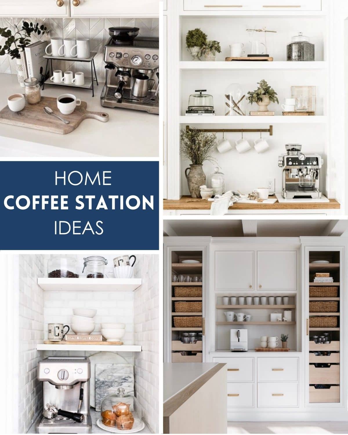 examples of coffee bar ideas in kitchens on counters, floating shelves, and in cabinets