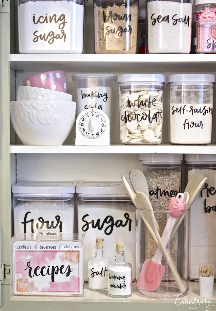 peel and stick labels in a pantry to make it easier to find ingredients when baking.