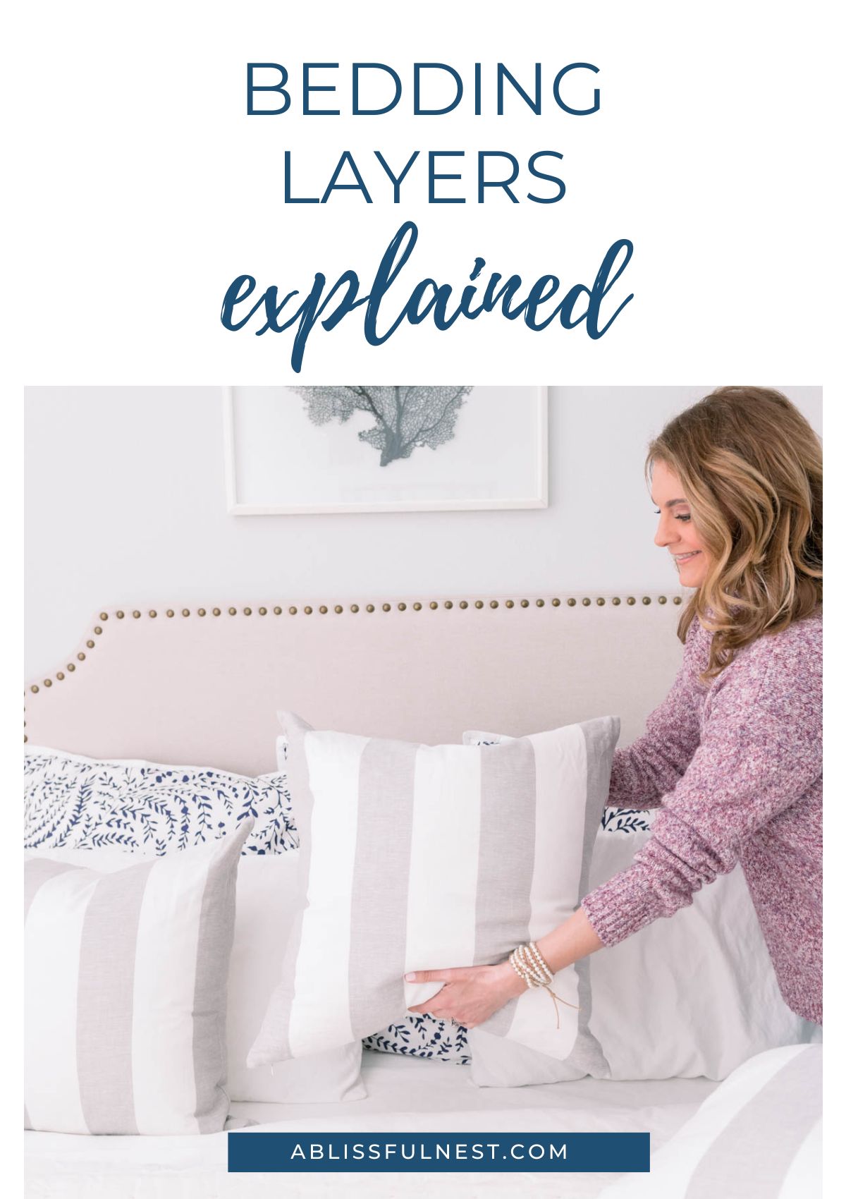 placing grey and white pillows on a bed to show bed layers
