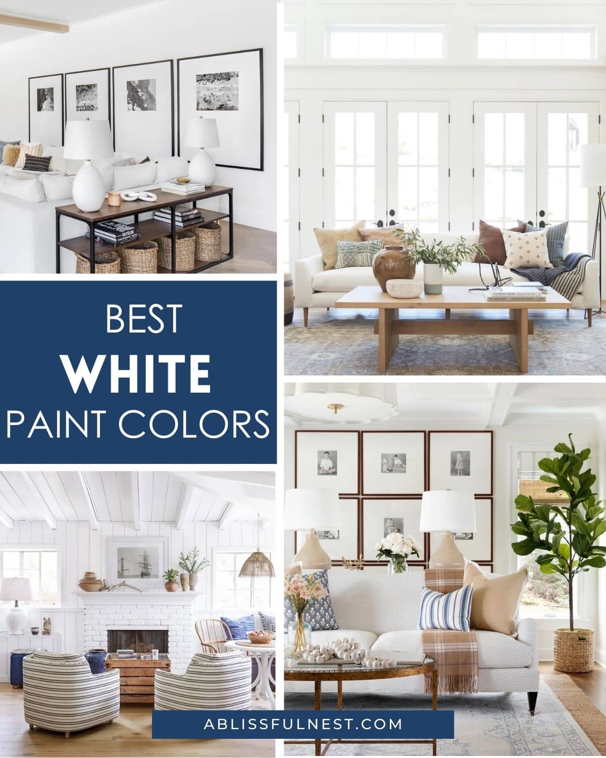 collage of white rooms to show the versatility of white paint