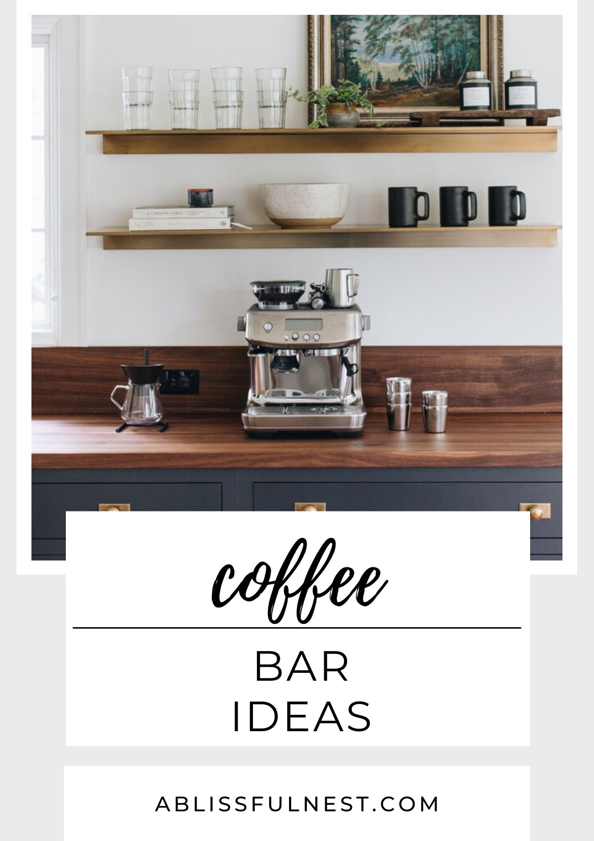 floating shelves above a wood counter in a kitchen hold cups and mugs. Espresso machine on counter