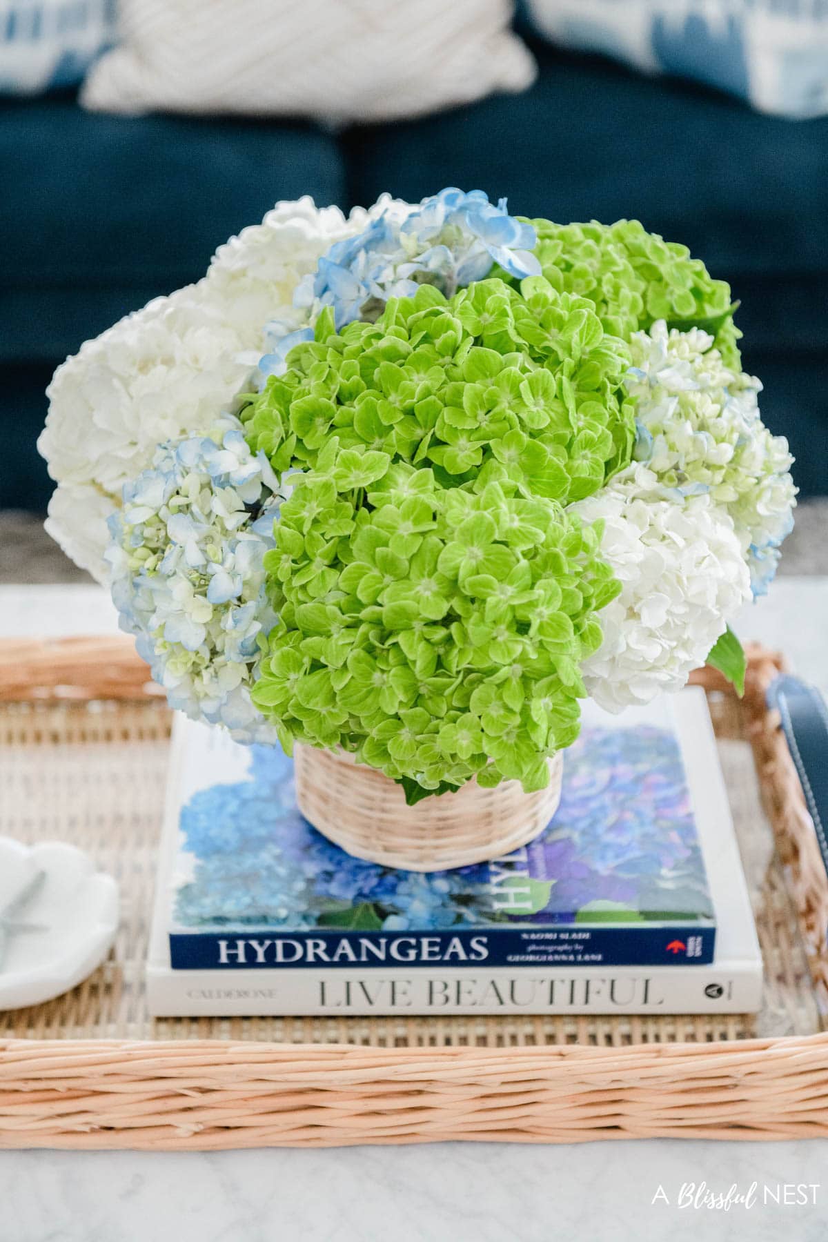 different colors of hydrangea in a rattan vase sitting on top of decorative books.