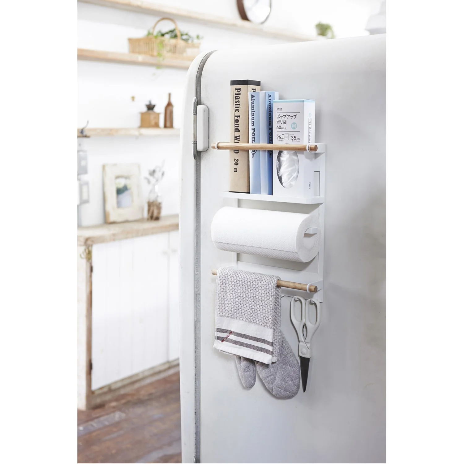 magnetic hanging rack for extra kitchen storage on the side of a refrigerator 