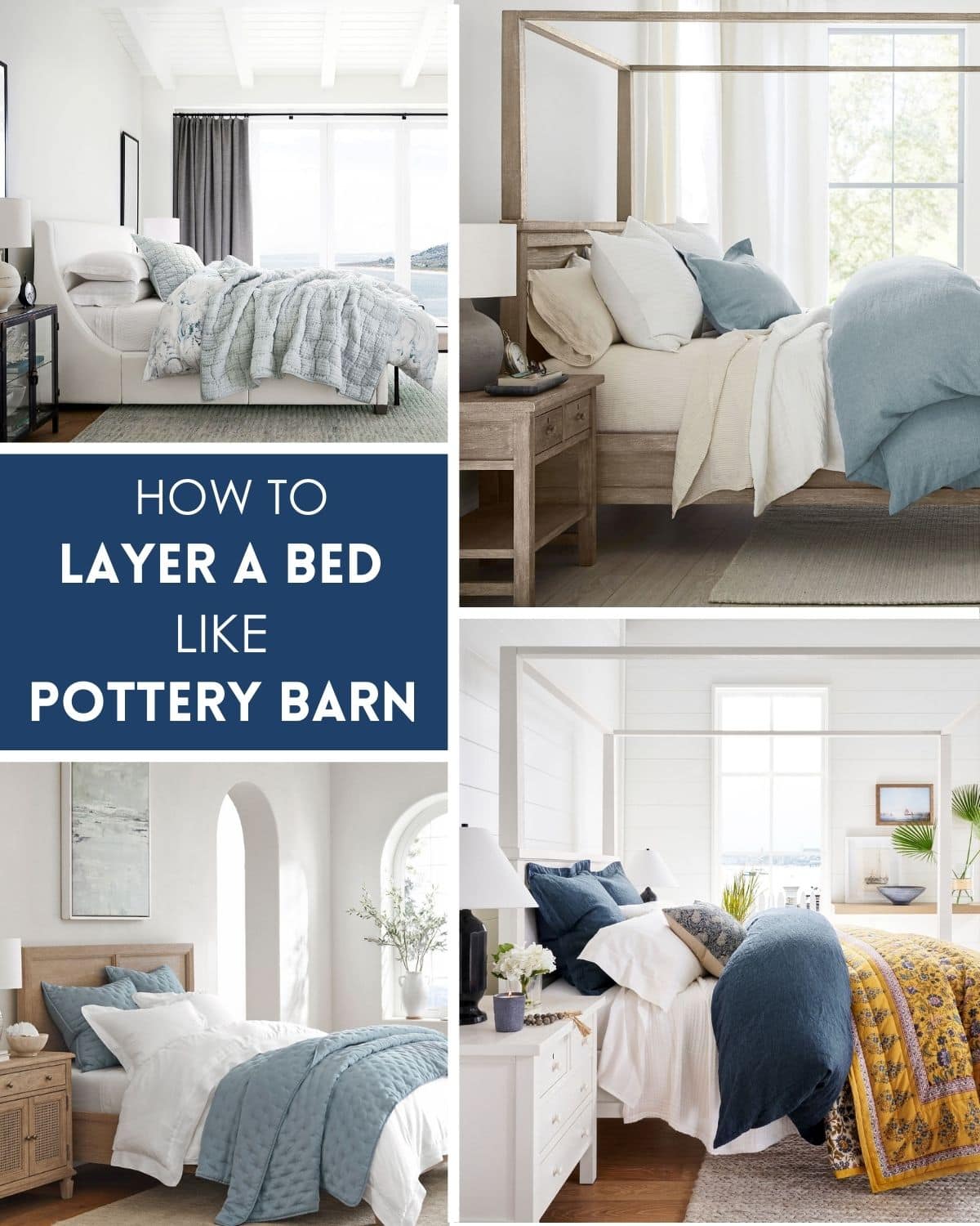 collage of bedding from Pottery Barn