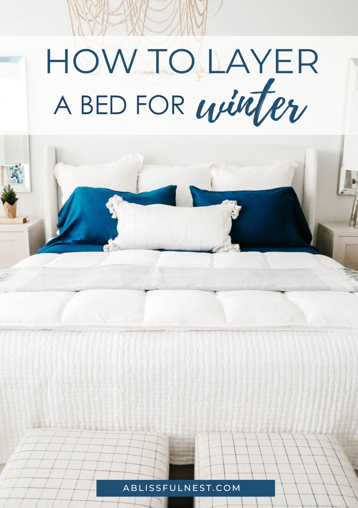 easy winter bedding combo - navy sheets and white quilts and blankets
