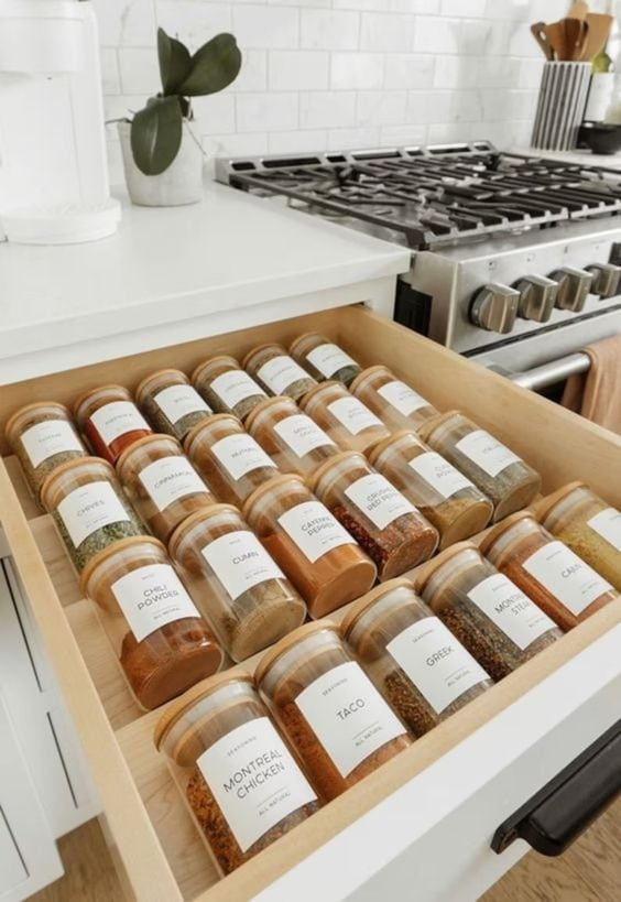 drawer with sections to hold spice jars
