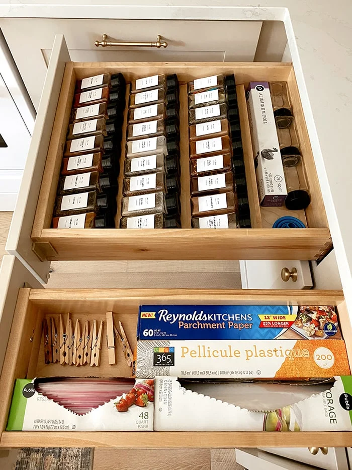 drawer with wood inserts to separate spice containers