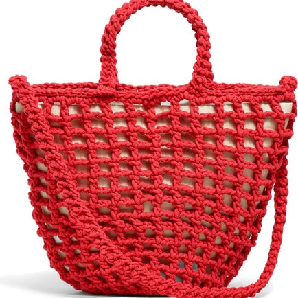 This red crochet shoulder bag is the perfect summer handbag! #ABlissfulNest
