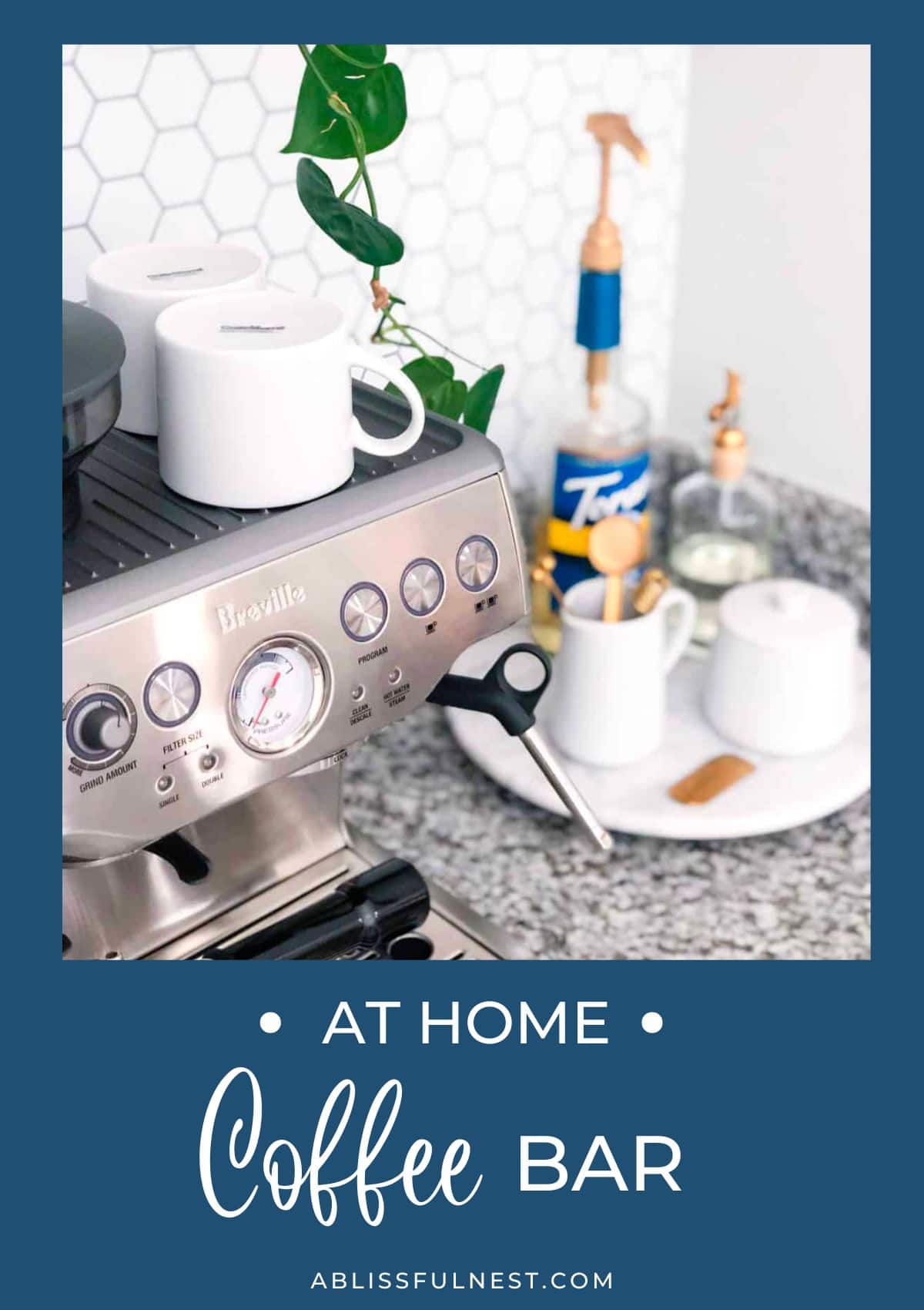 an espresso machine sitting on a counter with coffee syrups.