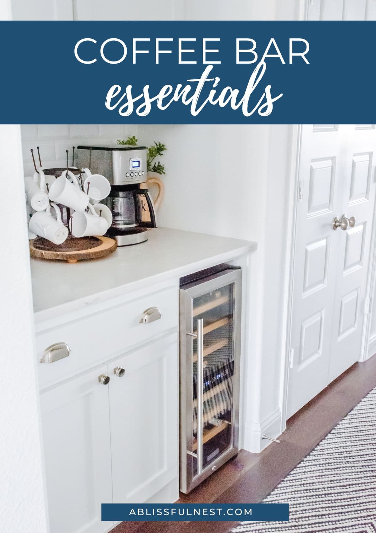 White kitchen with a small coffee station on the counter.