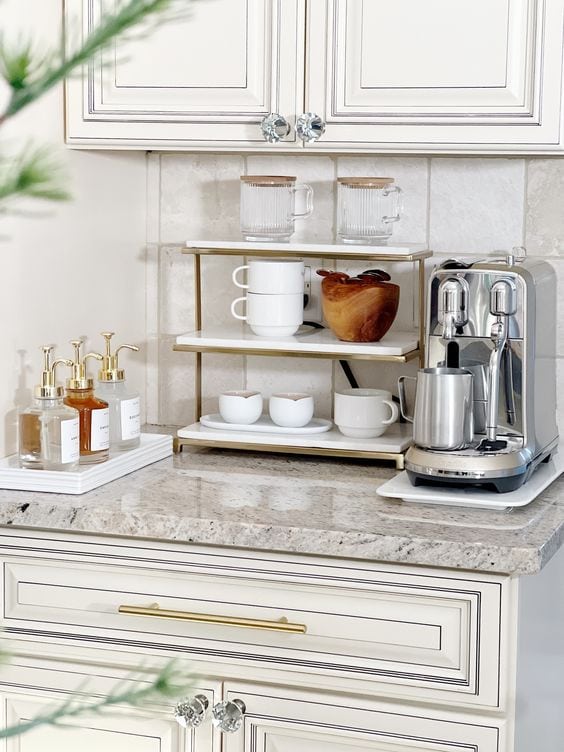 espresso machine with a 3 tiered marble stand for a coffee station