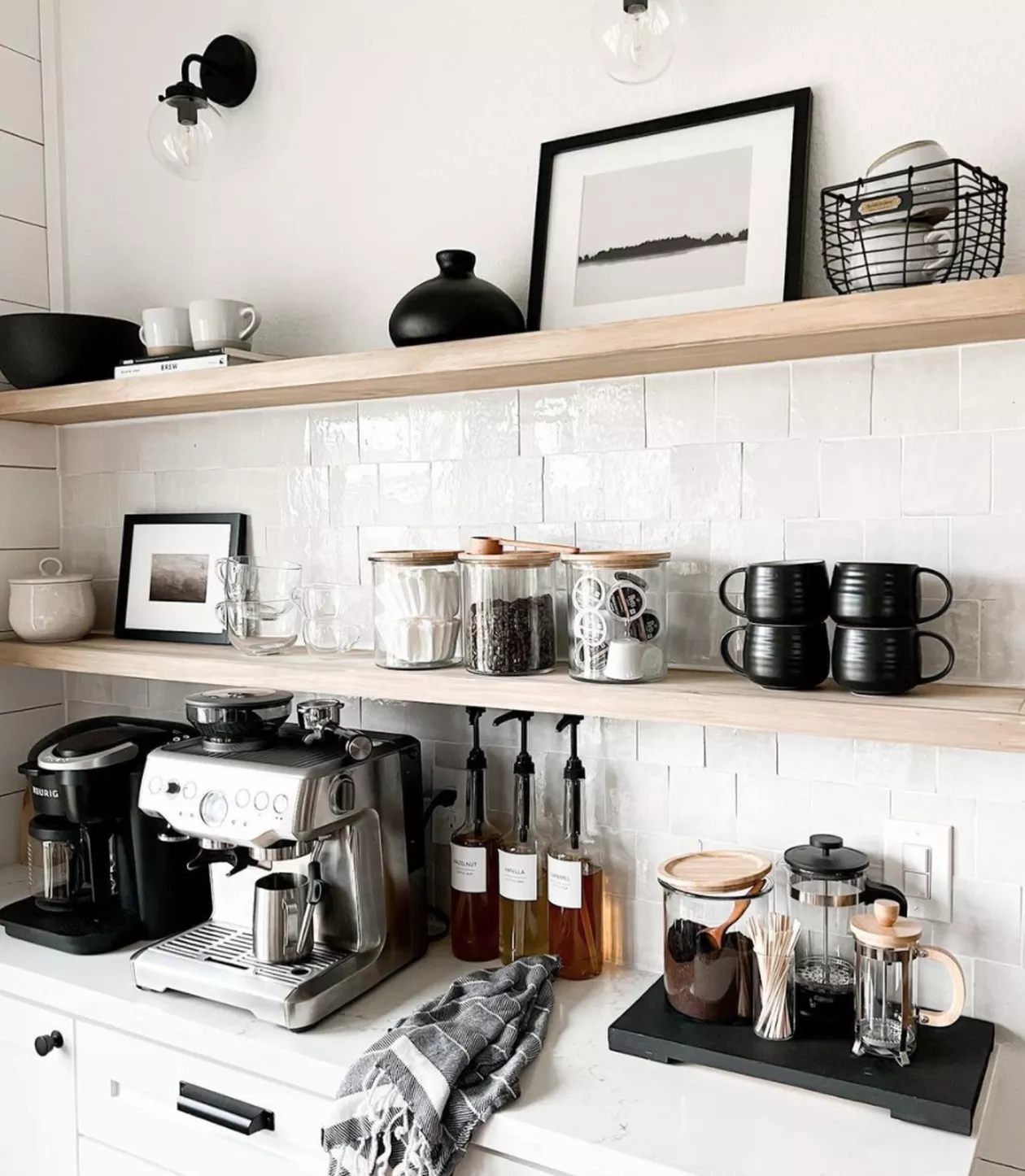 coffee bar with floating shelves for storage