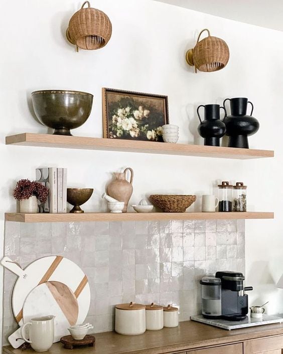 wood floating shelves above a coffee station add extra storage space