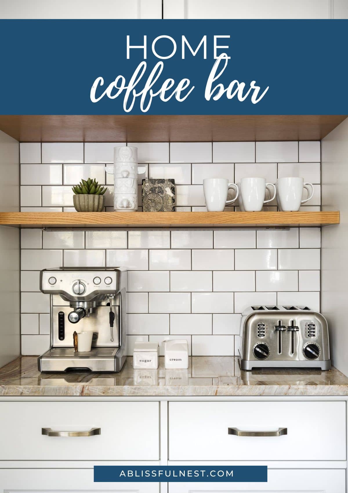subway tile with black grout and cream colored counters with a toaster and an espresso machine
