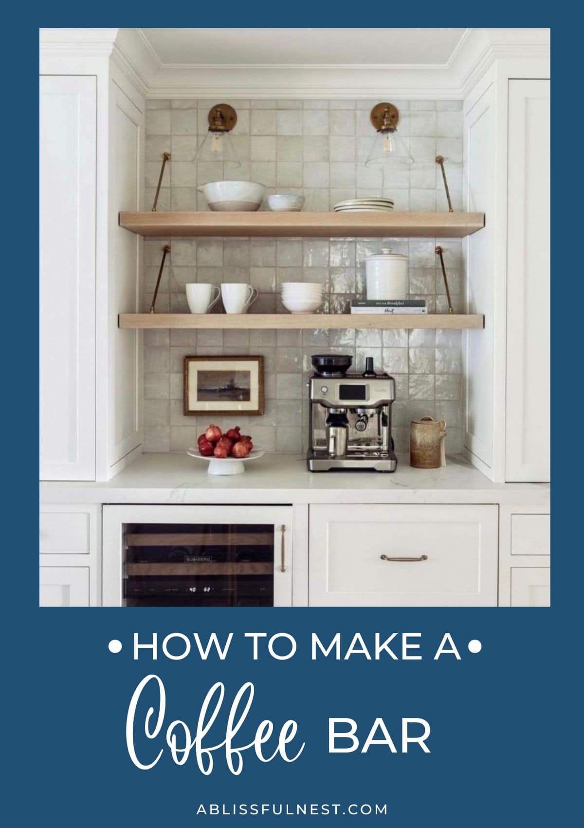 floating shelves above a espresso machine in a kitchen hold coffee mugs