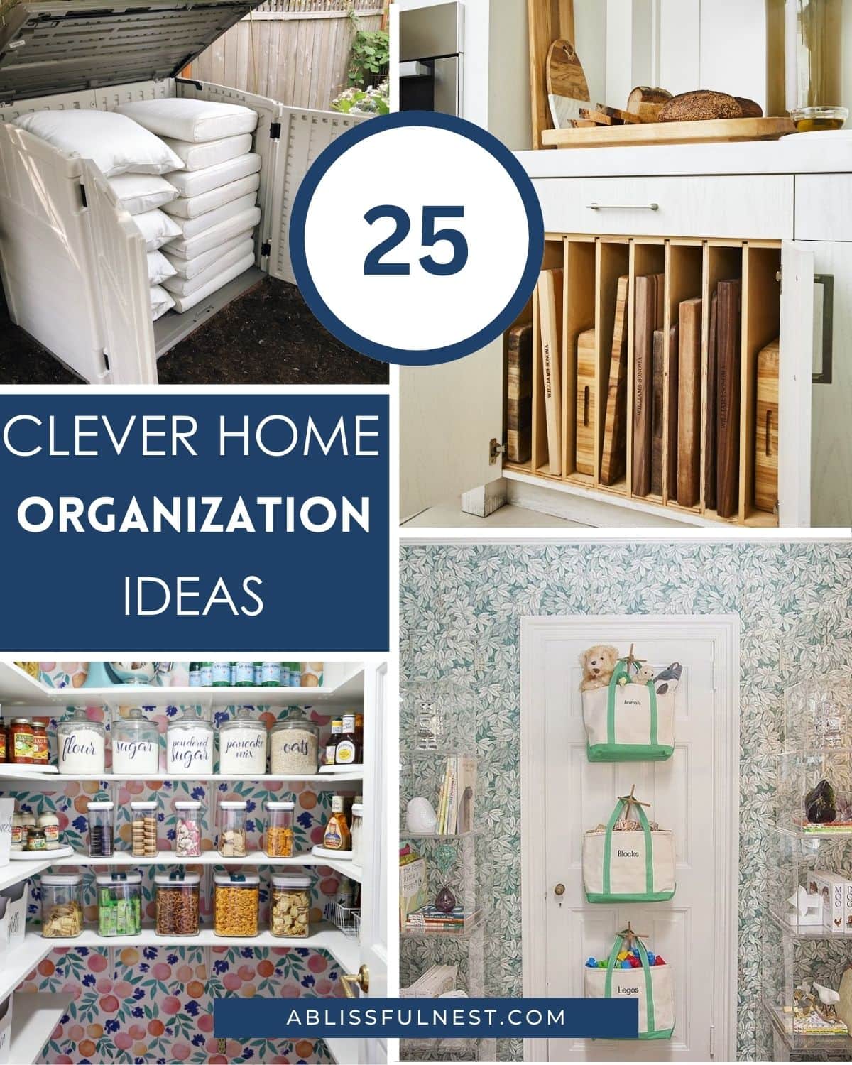 a collage of home organization ideas for kitchens, garages, bathrooms, and more.
