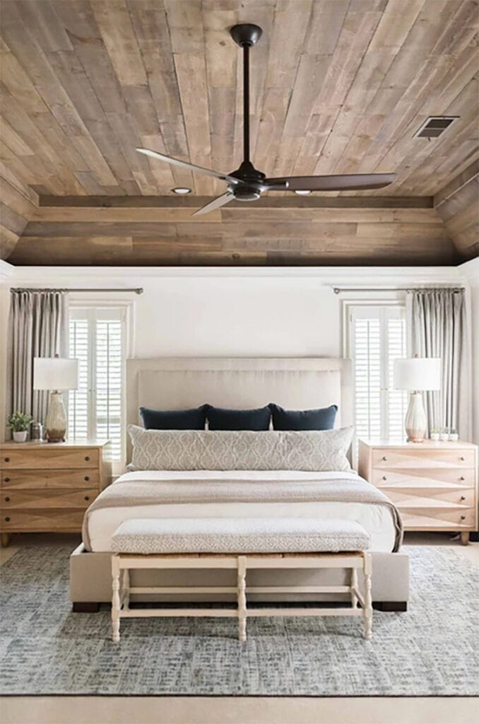 This stunning bedroom design by House Lift Design is so pretty! Check out the wood ceilings! #ABlissfulNest