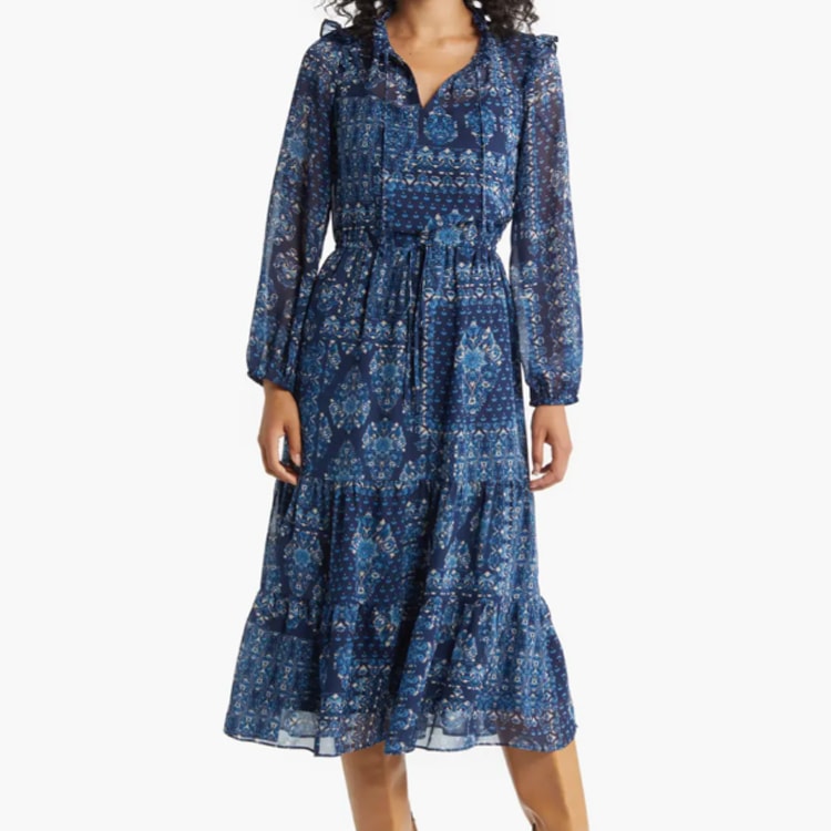 This long sleeve blue printed tiered dress is on sale during the Nordstrom Anniversary Sale! #ABlissfulNest