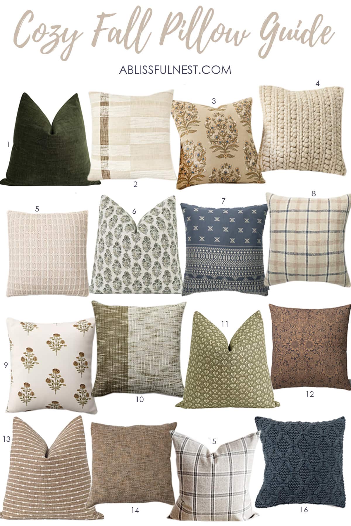 A collection of the BEST fall pillows to decorate with for the season. #ABlissfulNest #falldecor #fallideas
