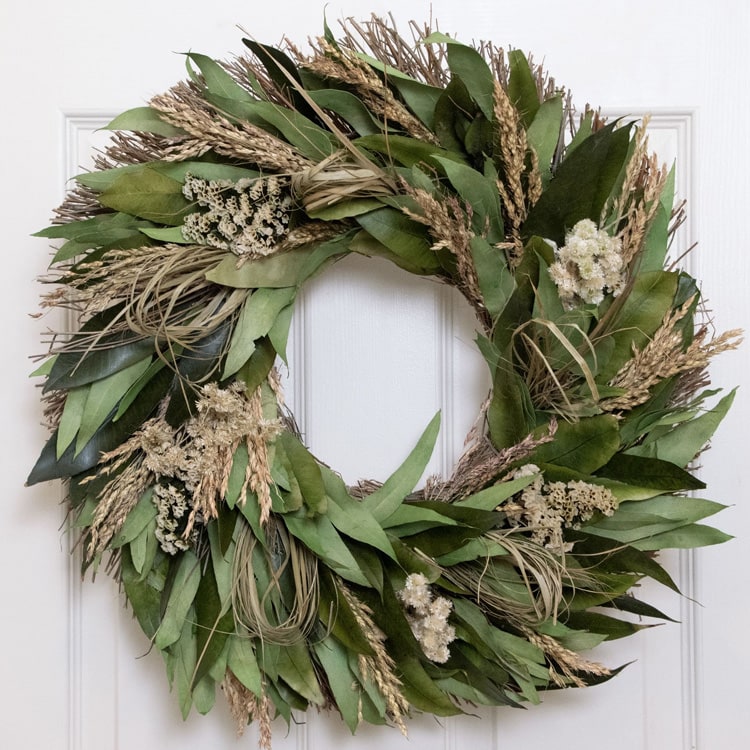 This dried white oak wreath is perfect for your front door into fall! #ABlissfulNest