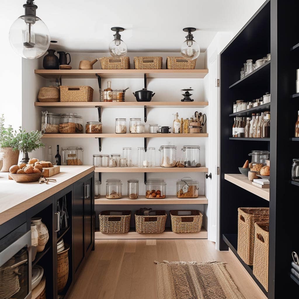 black pantry cabinets with wood floating shelves