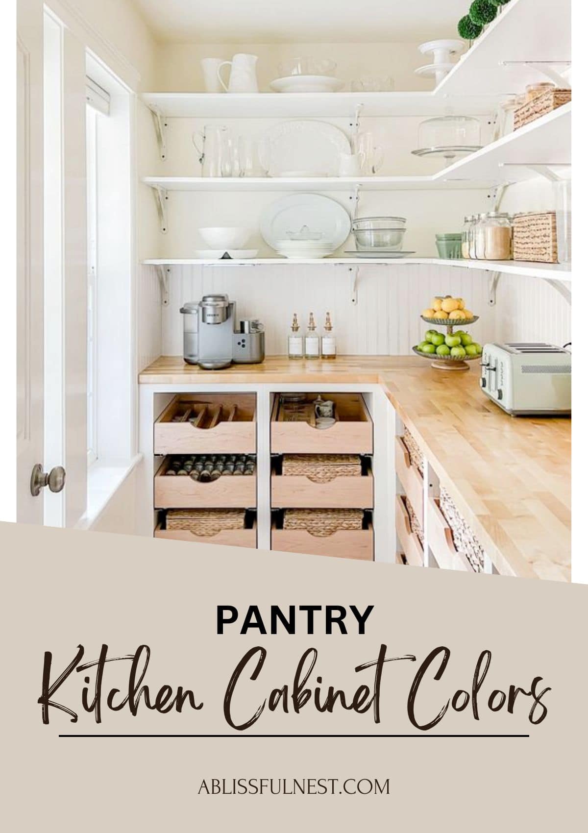 butcher block counter in a white pantry