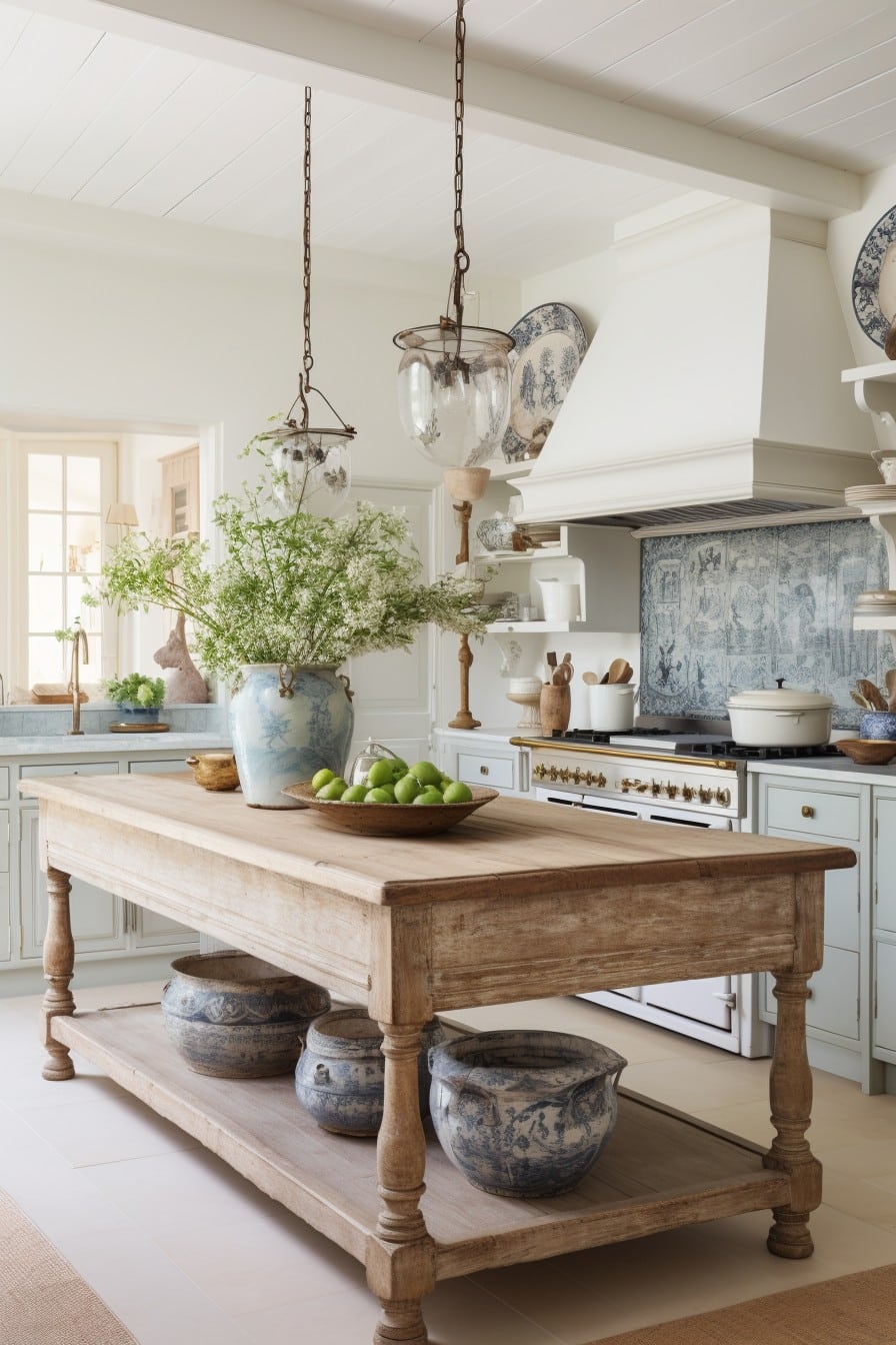 antique table used as a kitchen island