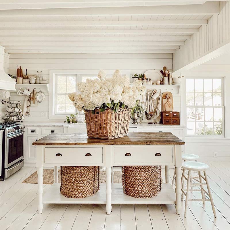 vintage white table as a kitchen island