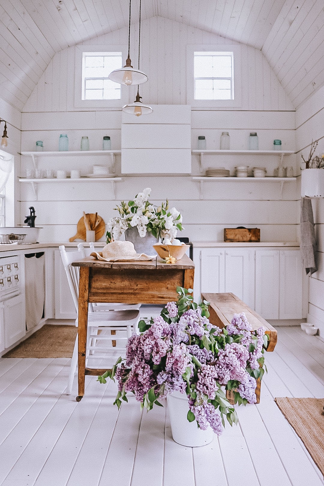 rustic kitchen with vintage table for a kitchen island