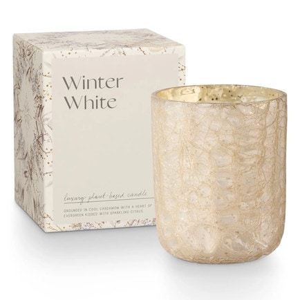 This winter white mercury glass candle is a perfect gift idea for a hostess this holiday season! #ABlissfulNest