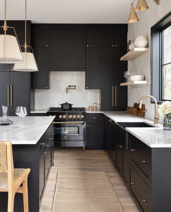 black kitchen cabinets with gold hardware