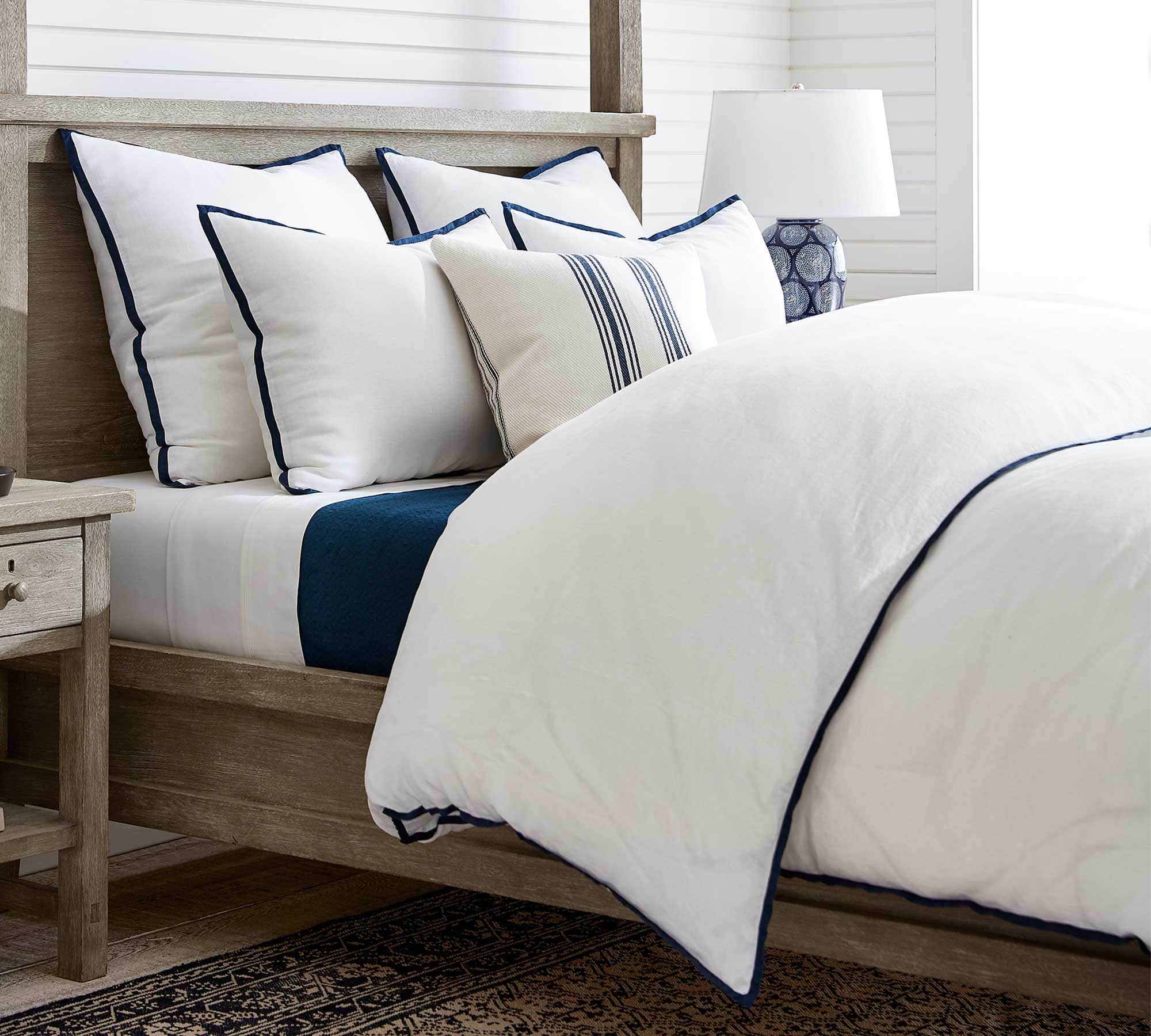 navy and white bedding with duvet cover