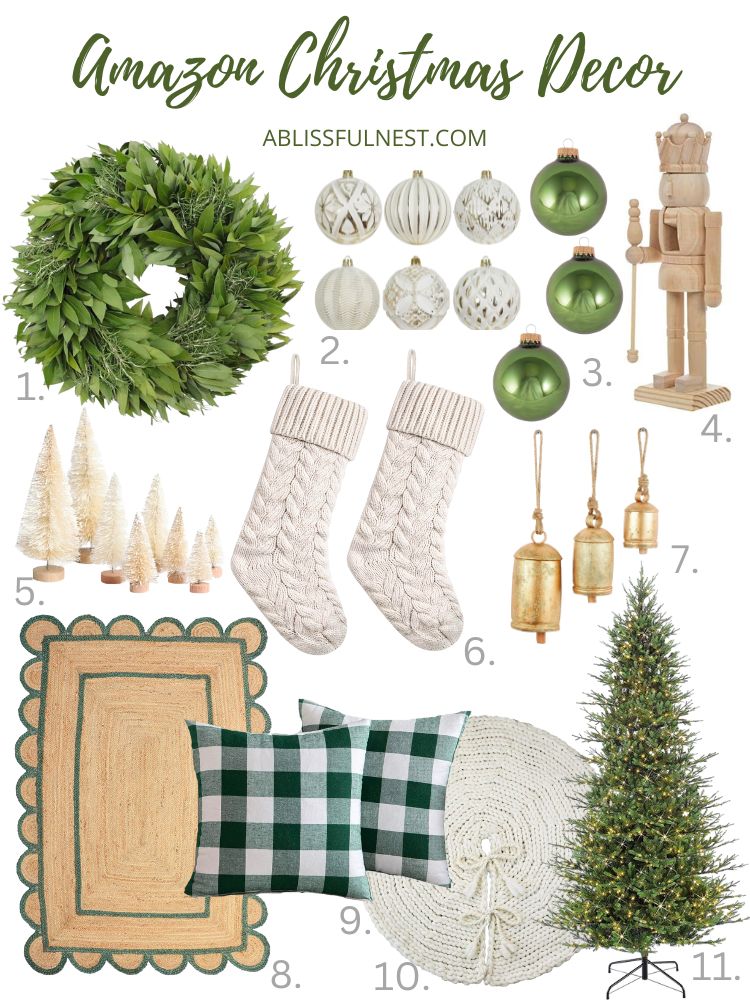 collage of green and white Christmas decor from Amazon