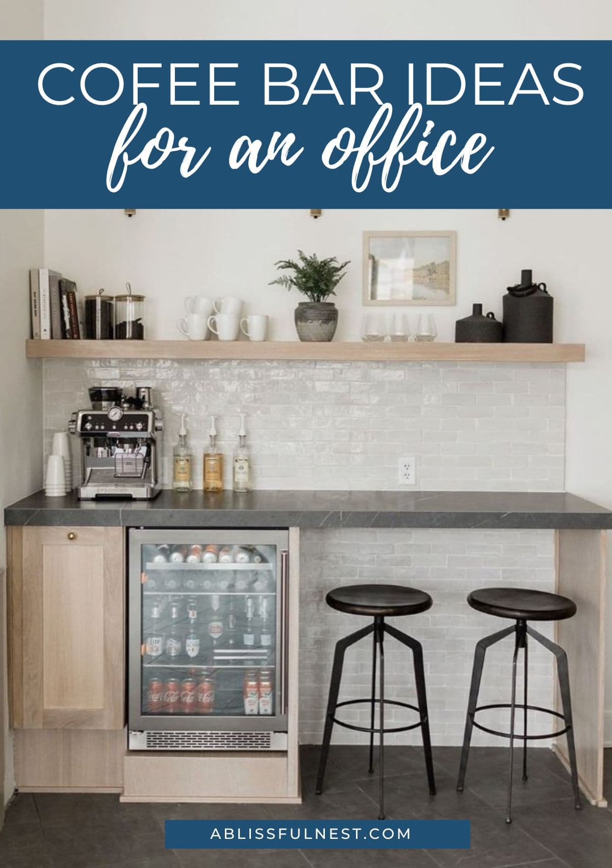 counter height floating shelve with bars stools used for a coffee bar