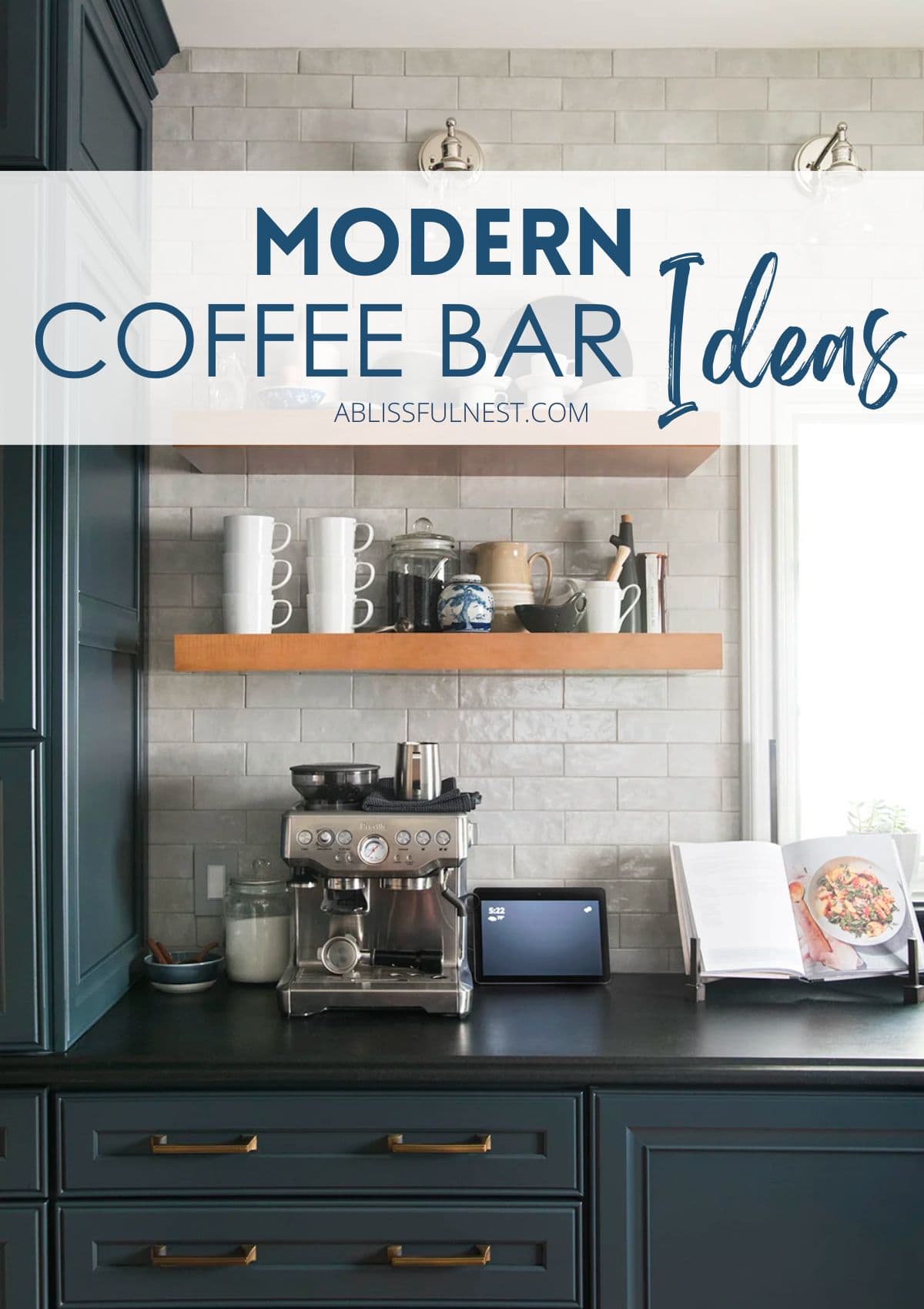 dark blue kitchen cabinets with a  espresso machine on the counter