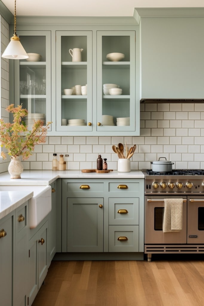 sage green cabinets in a kitchen with gold cabinet hardware
