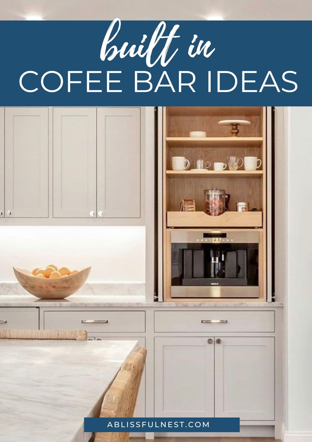 pull out drawers for storage with a coffee machine built into the cabinets