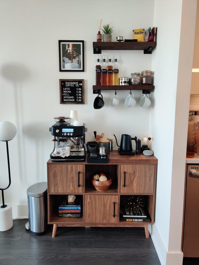 modern wood cabinet with a coffee bar set up
