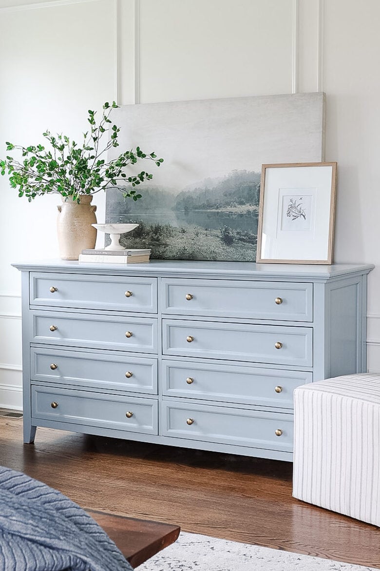 Pastel blue painted dresser with gold hardware