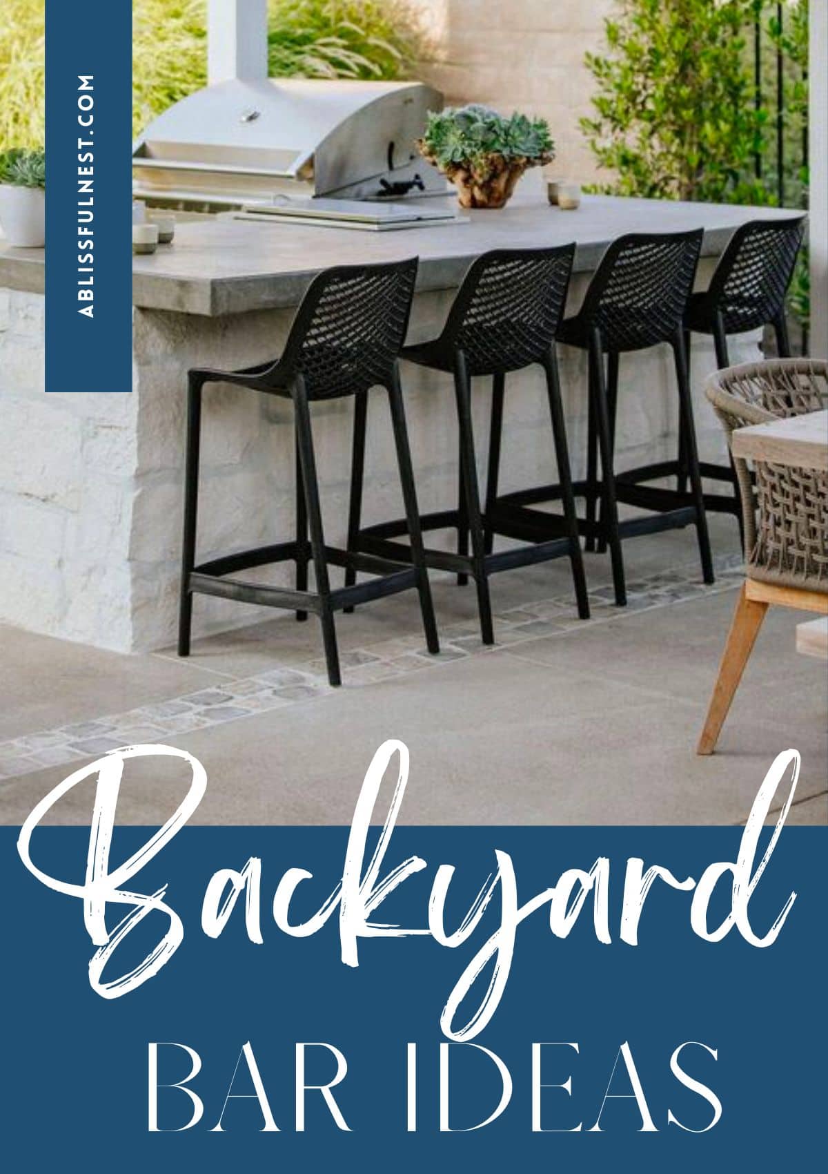 stone bar outside on a patio with black barstools