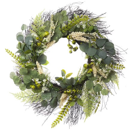 This mixed greenery spring wreath is so perfect for your front door this season! #ABlissfulNest