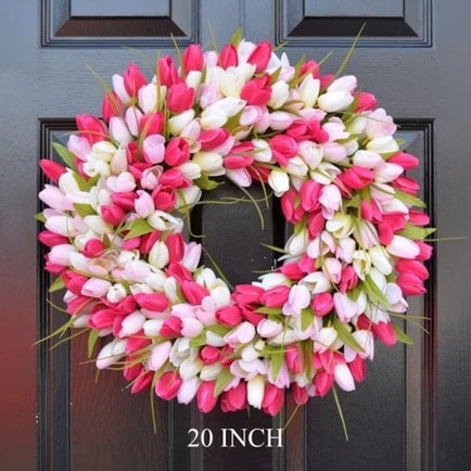 This pink tulip wreath is under $100 and perfect for your front door this spring! #ABlissfulNest