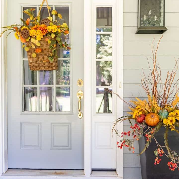 Image for Basket of Fall Flowers & Tall Planter