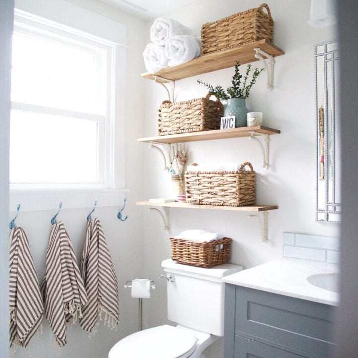 Image for Wooden Floating Shelves With Wicker Baskets
